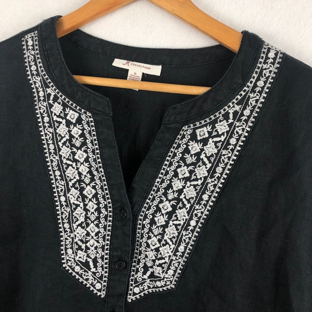 JM Collection Women's Plus Size 16 Black Silver Embroidered Linen V-Neck Top - Picture 3 of 7
